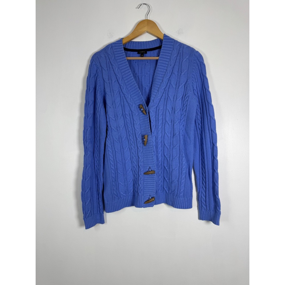 Preppy Talbots Womens Small Cable Knit Cardigan Blue Toggle Cotton Sweater